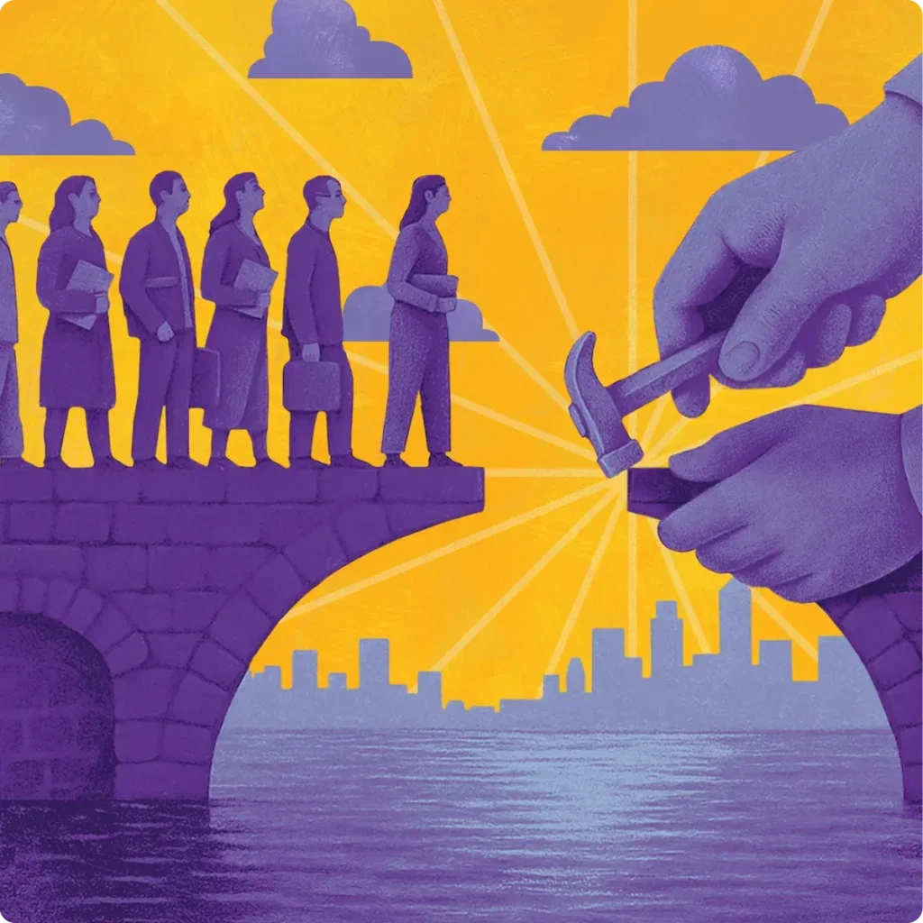 A graphic illustration portraying a line of professionals standing atop an uncompleted bridge on the left side; the right side of the image contains an oversized hand and a hammer building the right side of the bridge to connect with the left side.