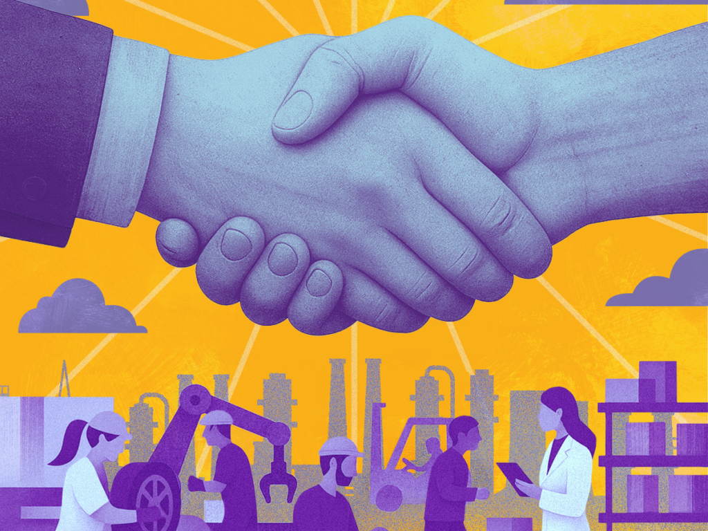 A graphic illustration of hands shaking against a sunny sky, with a group of factory workers engaging with machinery below.