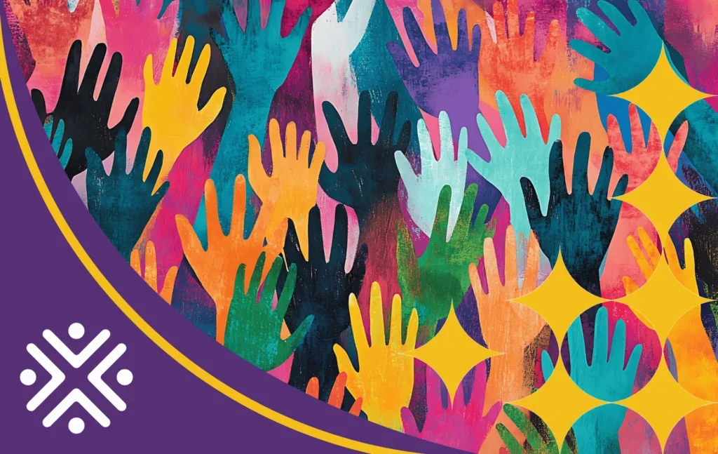 Illustration of multicolored hands reaching upwards together.